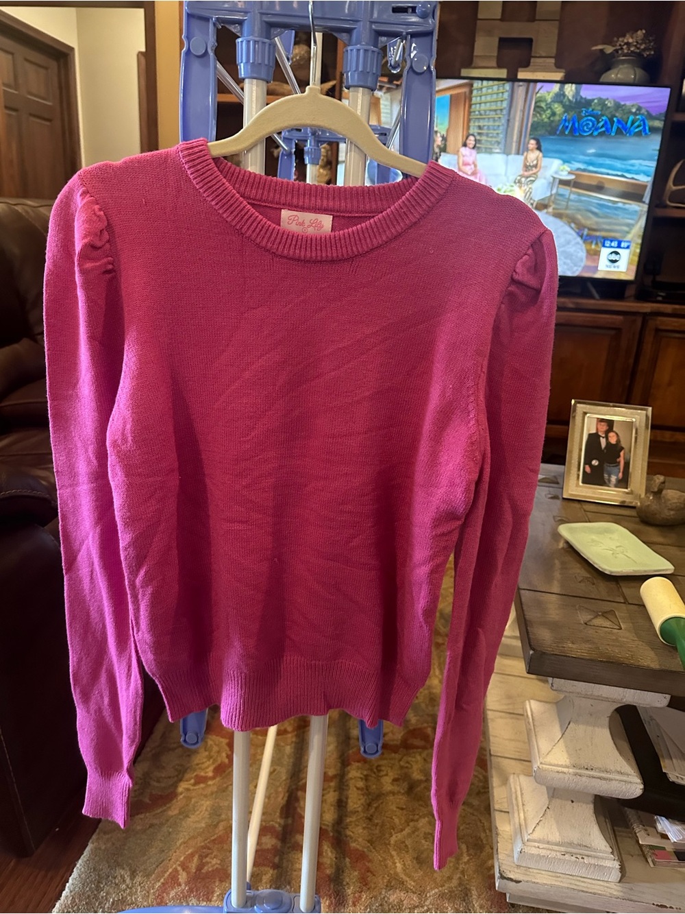 Pink Lily Fuchsia Puff-Sleeve Crewneck Sweater